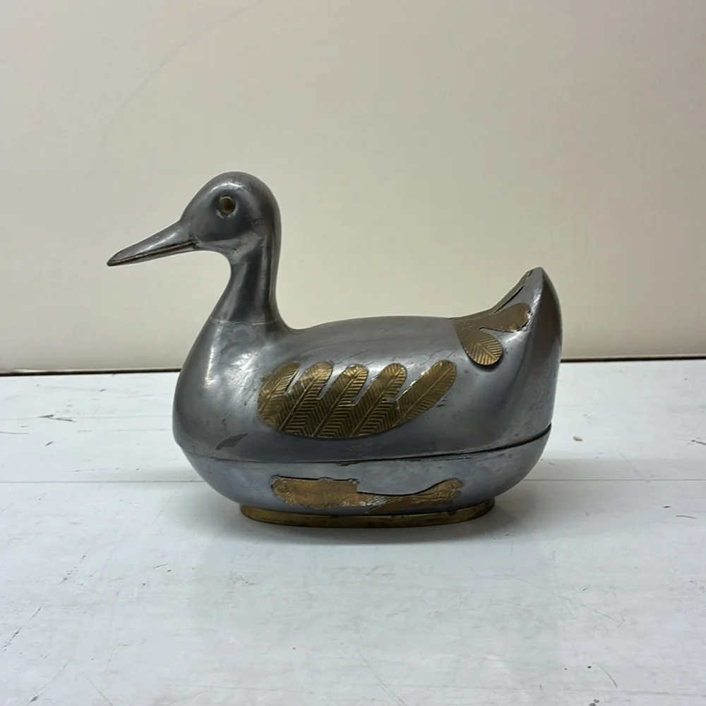 MCM Duck Decoy Keepsake Box  Chinese  pewter & brass duck trinket box lidded